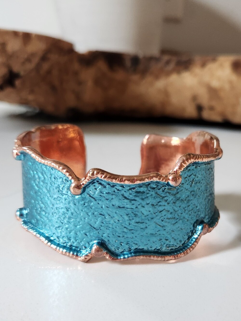 Turquoise Blue Textured Cuff Bracelet with Copper Trim